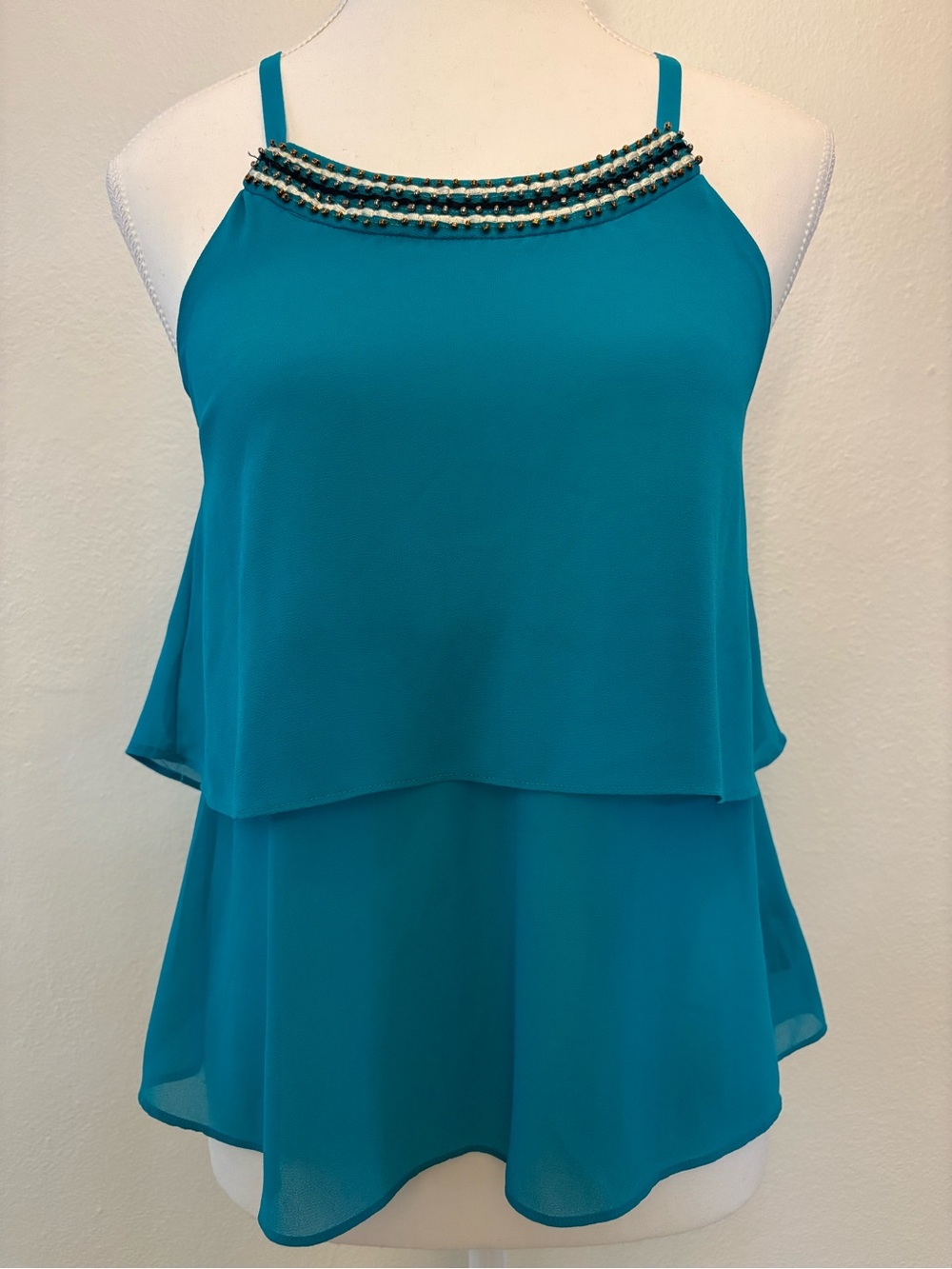 Iz Byer Beaded Razorback Layered Chiffon Top - Teal